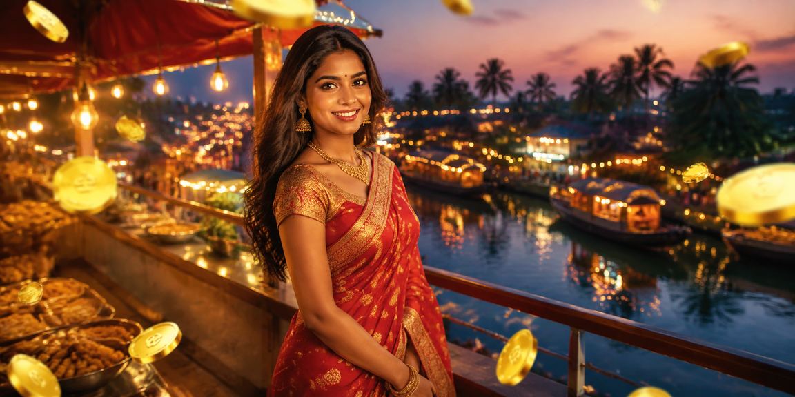 Sports betting via mobile near Kerala backwaters with traditional wear